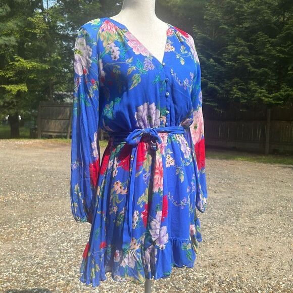 Yumi Kim Sz 0 Blue with floral pattern, chiffon, long sleeve mini dress. - Picture 2 of 16